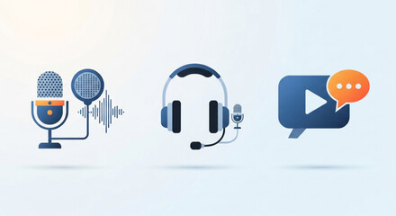 A set of icons representing audio and video communication, featuring a microphone, headphones, and a video play button with speech bubble