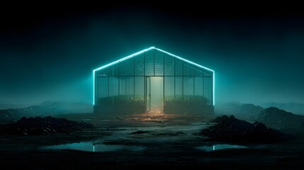 Futuristic glowing data center structure emerging in dark landscape