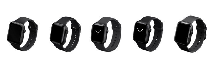 Sleek black smartwatches in a seamless row showcasing modern digital on transparent background