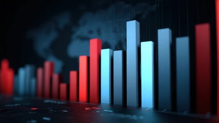 3D bar chart with red and blue bars showing data analysis finance growth digital trends business global financial analysis modern technology style world map background - Powered by Adobe