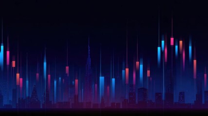 Colorful digital cityscape glowing with vertical light bars blue, pink, and orange hues night, futuristic vibrant atmosphere featuring stock market chart, financial graph, and candlestick patterns - Powered by Adobe