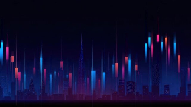 Colorful digital cityscape glowing with vertical light bars blue, pink, and orange hues night, futuristic vibrant atmosphere featuring stock market chart, financial graph, and candlestick patterns