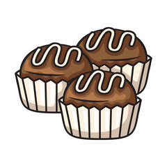 Three Chocolate Cupcakes with White Drizzle in White Liners Isolated on White Background Detailed Pixel Art Style