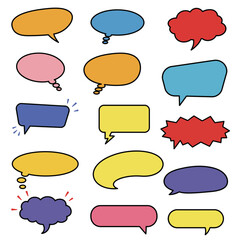 A vibrant collection of hand-drawn comic speech bubbles and thought balloons in various shapes and colors, perfect for dialogue and communication concepts