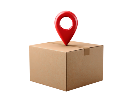 Delivery parcel with red location pin symbolizing logistics and shipping concept