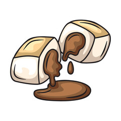 Stylized Pixel Art Chocolate Candy Halves with Dripping Gooey Filling Isolated on Transparent Background Macro Shot