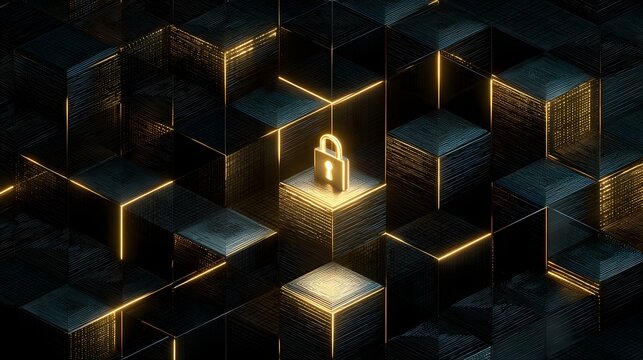 Glowing digital lock within abstract data blocks symbolizing cybersecurity protection - Powered by Adobe