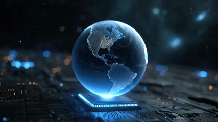 Futuristic digital earth globe illuminated with glowing continents and microchip base showcasing advanced technology, light effects, and global network data visualization innovation science fiction - Powered by Adobe