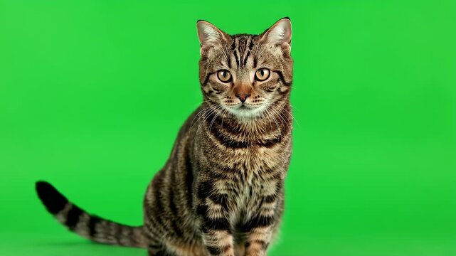 Tabby Cat Portrait on Green Screen - Studio Shot