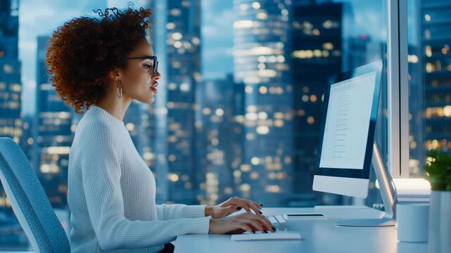 Night Owl: A dedicated female professional is fully immersed in her work, illuminated by the city lights through the office window, as she types on her computer.