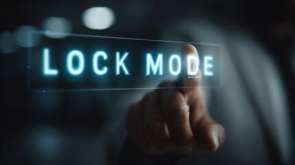 A close-up of a hand interacting with a holographic display showing the text 'LOCK MODE', emphasizing technology and security.