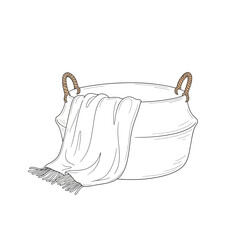 Vector art of a handdrawn illustration of a woven basket with rope handles, containing a neatly folded blanket with fringed edges, isolated on a, perfect for home decor and storage concepts