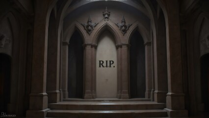 Fototapeta premium Gothic Tomb Interior with R.I.P. Inscription and Architectural Details