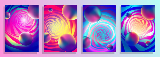 abstract 3d optical illusion cosmic hole spheres shape planet like cover poster background design set