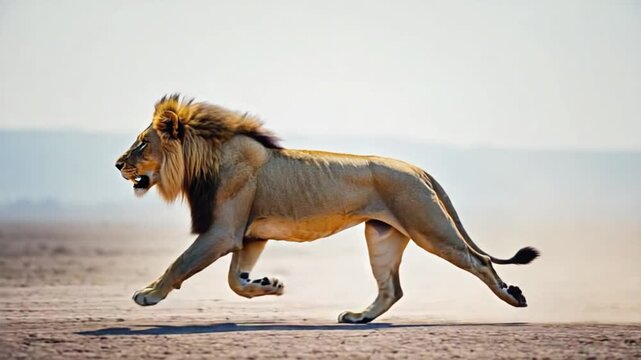 A lion running across a dusty plain with its mane blowing in the wind on a bright and sunny day lion video