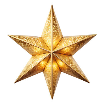 A bright golden seven pointed star ornament with intricate patterns isolated on transparent background