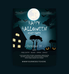 halloween day party flyer design with moonlight haunted hill dark night landscape cemeter background