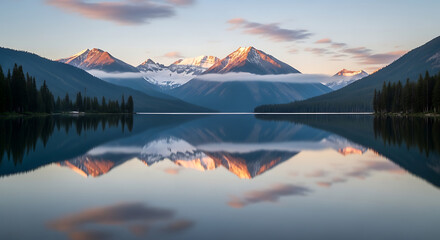 Calm lake reflection of snow capped mountains and forest under a pastel sky at sunset or sunrise