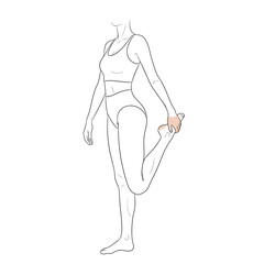 Vector art of line art illustration of a woman performing a quadriceps stretch