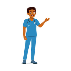 African American doctor presenting with stethoscope smiling in a cartoon style