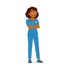 Smiling African American Female Doctor Standing with Arms Crossed in Blue Uniform Confident