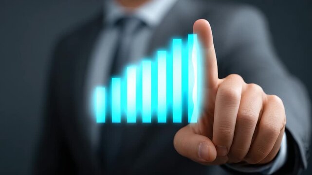 Businessman hand digital graph growth technology success finance data chart finger suit progress futuristic innovation analysis investment marketing strategy concept office professional display