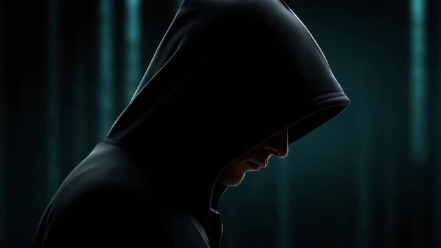 Mysterious person in dark hooded jacket silhouette side view shadow profile secret digital code background evoking intrigue and contemplative atmosphere with partial face visible