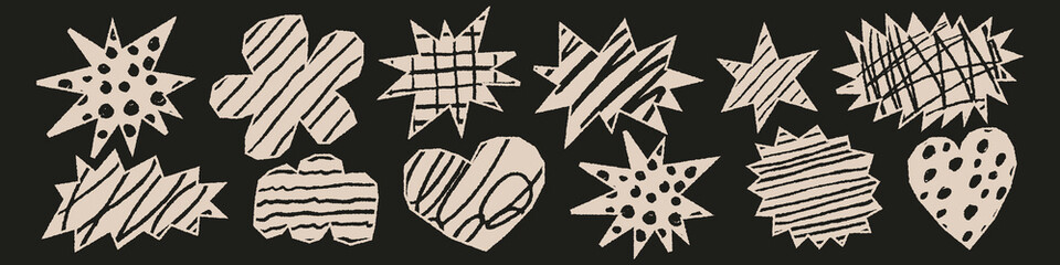 Newspaper clipping abstract shapes set. Naive kids collage silhouette with crayon texture, rough chalk strokes, pencil scribbles pattern. Collage paper stickers.	