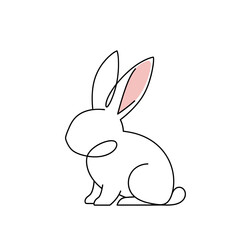 Vector art of a minimalist line art illustration of a cute white rabbit with pink inner ears, sitting and looking to the left