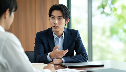 若い男性に熱心に説明するビジネスマン