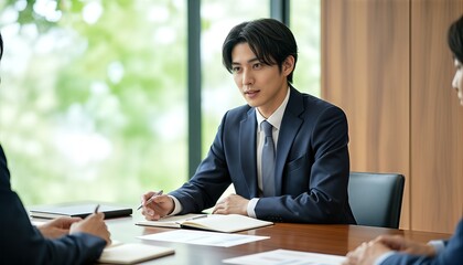 会議でメモを取りながら話を聞くビジネスマン