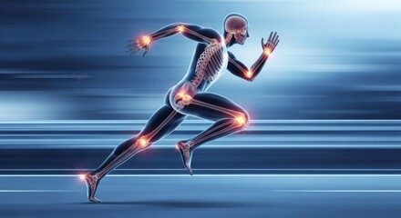 Dynamic human runner depicting motion speed and athletic performance with glowing joints