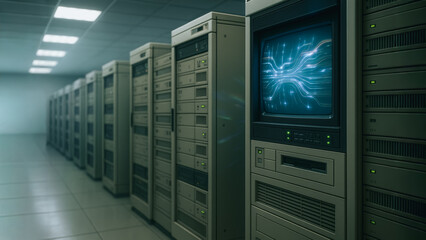 A state-of-the-art server room displaying intricate data patterns, symbolizing the backbone of digital infrastructure.