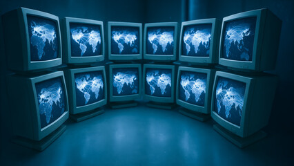 A network of monitors displays a glowing world map, symbolizing a interconnected digital world and representing global technology and data networks.