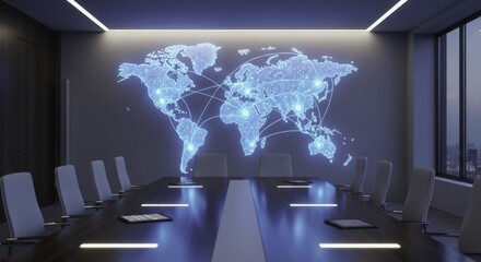 Modern Conference Room with Digital Global Network Map Display, Sleek Table Lighting, and Evening City Skyline View