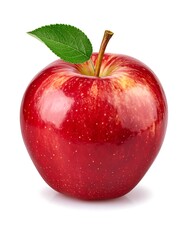 A crisp, red fruit rests against a white backdrop, showing a leaf & stem