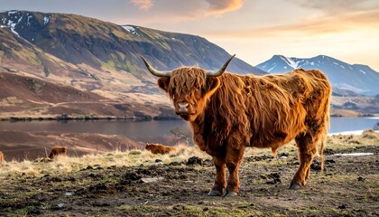 A Highland coo grazes with others near a loch & mountains, under an orange sunset