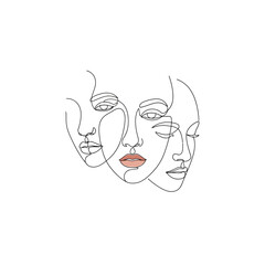Vector art of an abstract line art illustration featuring three overlapping female faces in profile, with delicate lines and a touch of pink on the lips