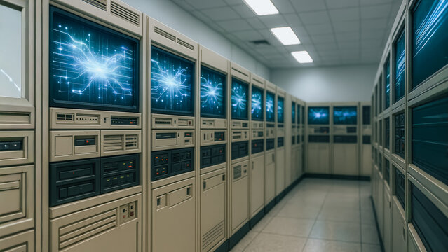 An inside view of a server room with vintage computing equipment. The rows of screens displaying intricate digital patterns represent an historical era in computing.