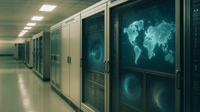 A futuristic Data Center interior showcasing technology, servers, and the digital world map. A symbol of seamless global connectivity.
