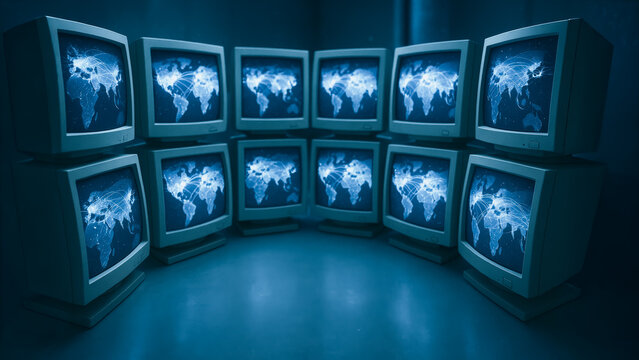 A network of monitors displays a glowing world map, symbolizing a interconnected digital world and representing global technology and data networks.