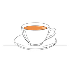 Vector art of a simple line drawing of a white teacup and saucer filled with a warm beverage, isolated on a, evoking a sense of comfort and a morning ritual, perfect for culinary or lifestyle themes