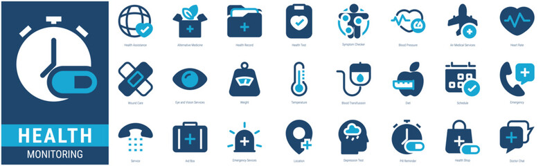 HEALTH MONITORING Icon Set containing  Health Assistance, Alternative Medicine, Health Record, Health Test, Symptom Checker, Blood Pressure icons. Glyph duo tone style icon collections.