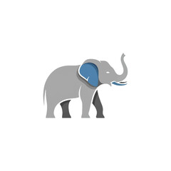 Fototapeta premium A stylish and modern cartoon illustration of a grey elephant with blue accents on its ears and trunk, set against a clean white background, suitable for various graphic design projects