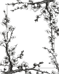 Delicate pen sketch of cherry blossoms. Black decorative frame, minimalist botanical illustration.