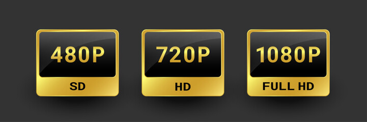 Set of icon. Resolution video format: 480P, 720P, 1080P, HD. Vector, golden gradient, black background.