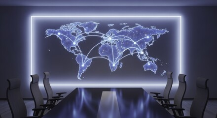 Modern Conference Room with Digital Global Network Map Displayed on Screen, Illustrating Worldwide Business Connectivity and Strategic Communication