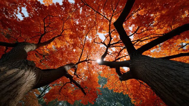 Autumn forest vibrant orange leaves sunlight shining through tree branches nature season foliage bright outdoor landscape colorful scenic natural light wood canopy branch seasonal environment maple