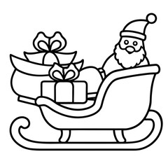 Thin line art santa sleigh with gifts and reindeer