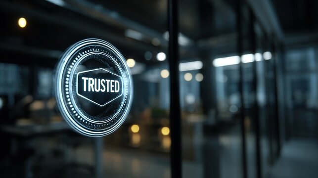 A close-up of a glowing 'Trusted' sign reflecting modern office decor, conveying a sense of reliability and professionalism.